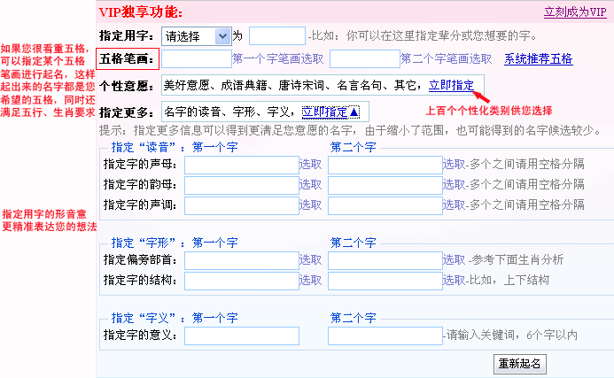 利用高級功能選項(xiàng)將起名意愿具體化