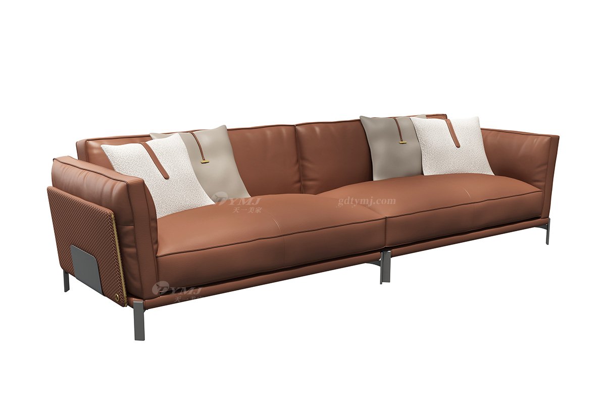 極簡風(fēng)格家具別墅會(huì)所高級舒適實(shí)木進(jìn)口黃牛皮橙色四人位沙發(fā)SF-022特價(jià)款四位沙發(fā)